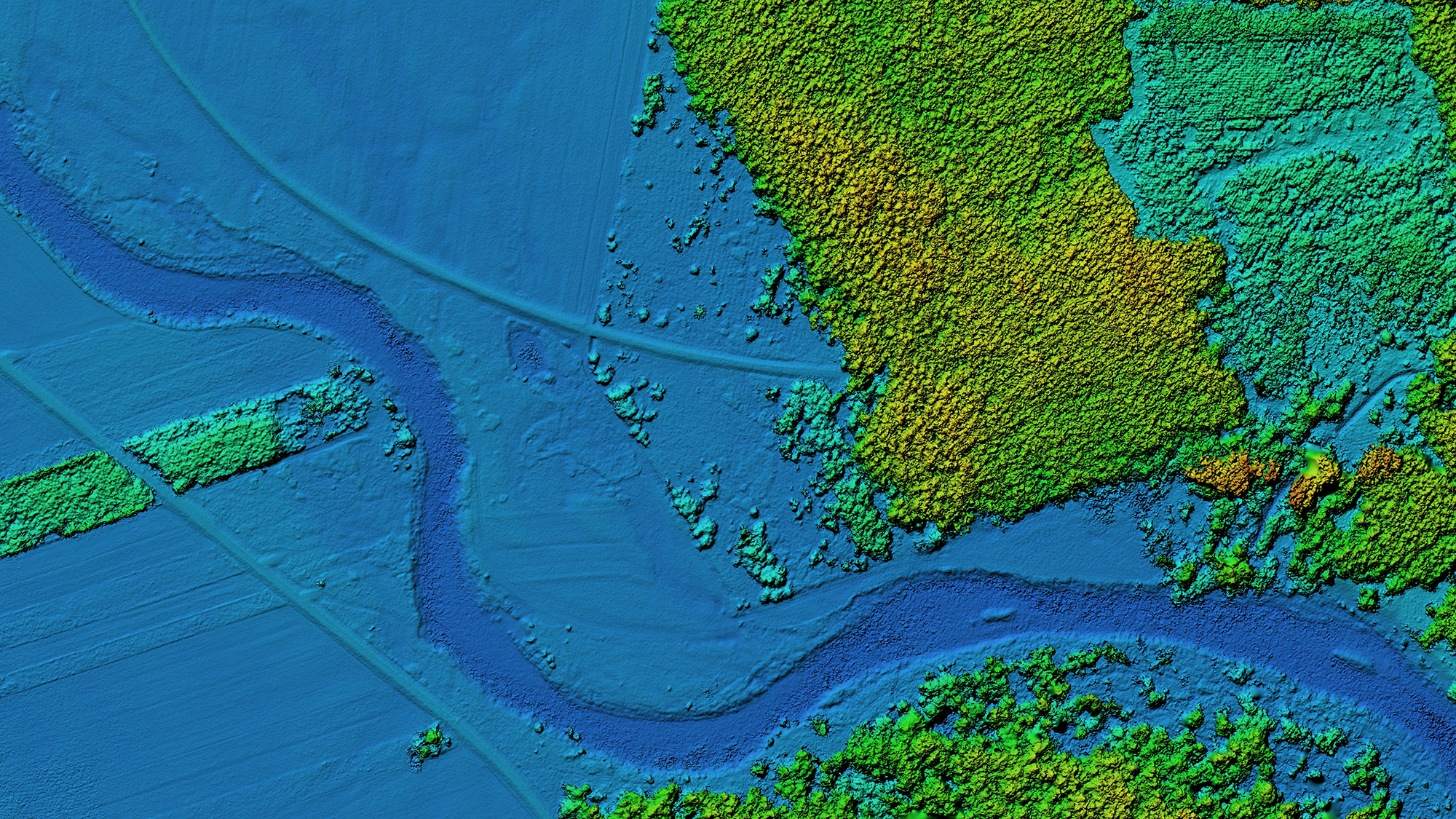 digital aerial view of river and land showing blue for water with green and yellow for land 